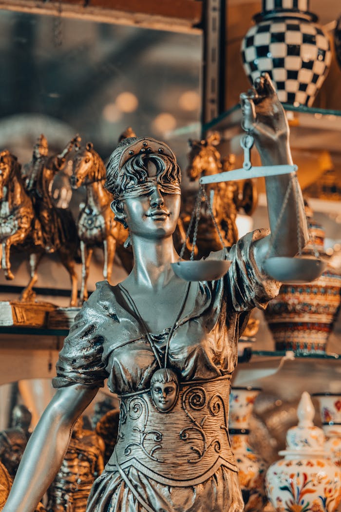 Bronze Lady Justice statue holding scales in antique shop. Elegant and symbolic representation of justice, law, and fairness.